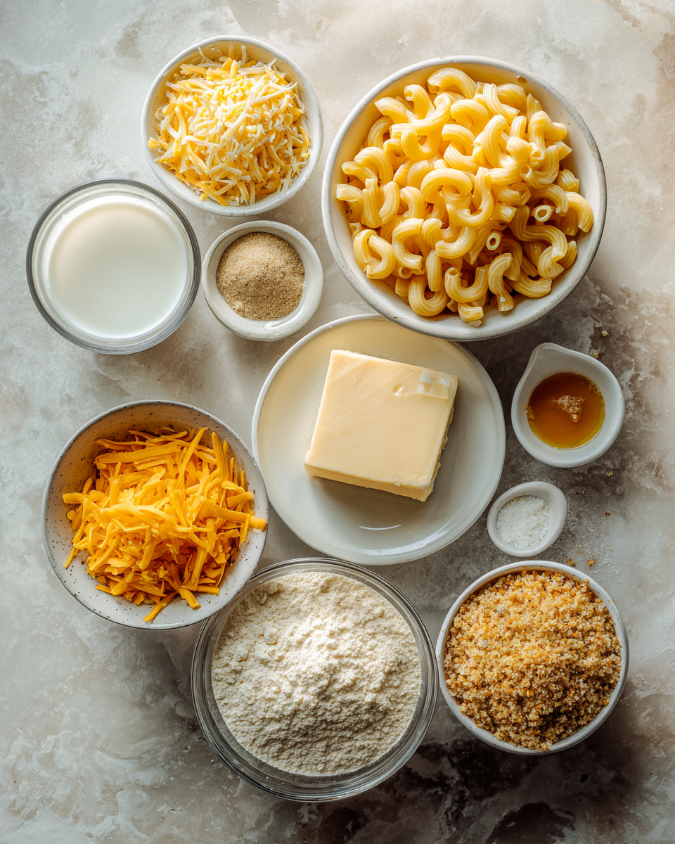 Ingredients for Ultimate Comfort Food Baked Macaroni and Cheese Recipe That Melts in Your Mouth