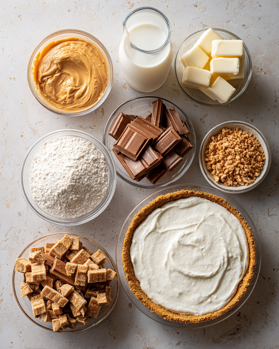 Ingredients for Irresistible Butterfinger Pie with Creamy Peanut Butter Delight