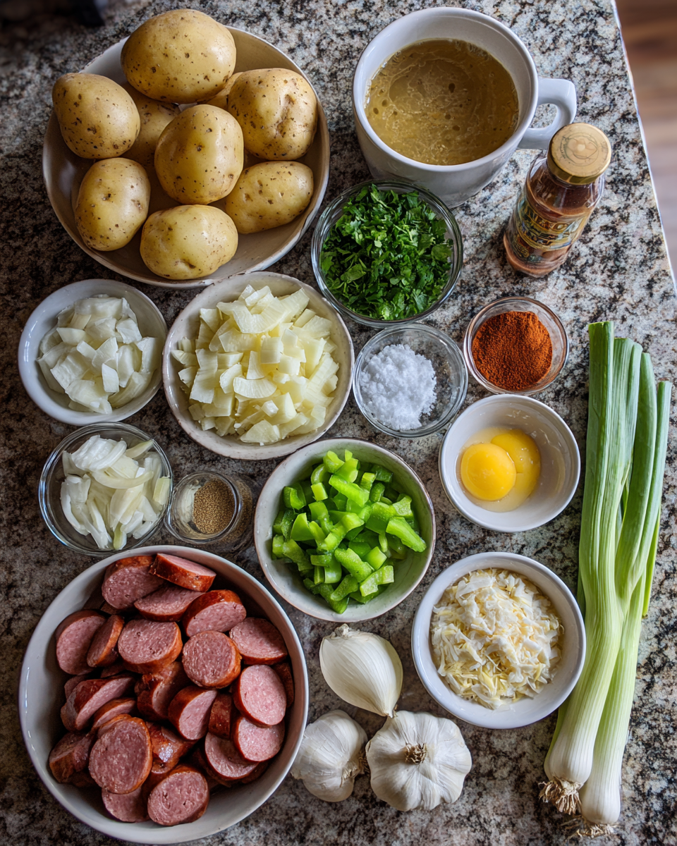 Ingredients for Hearty Cajun Potato Soup with Sausage Recipe to Warm Your Soul