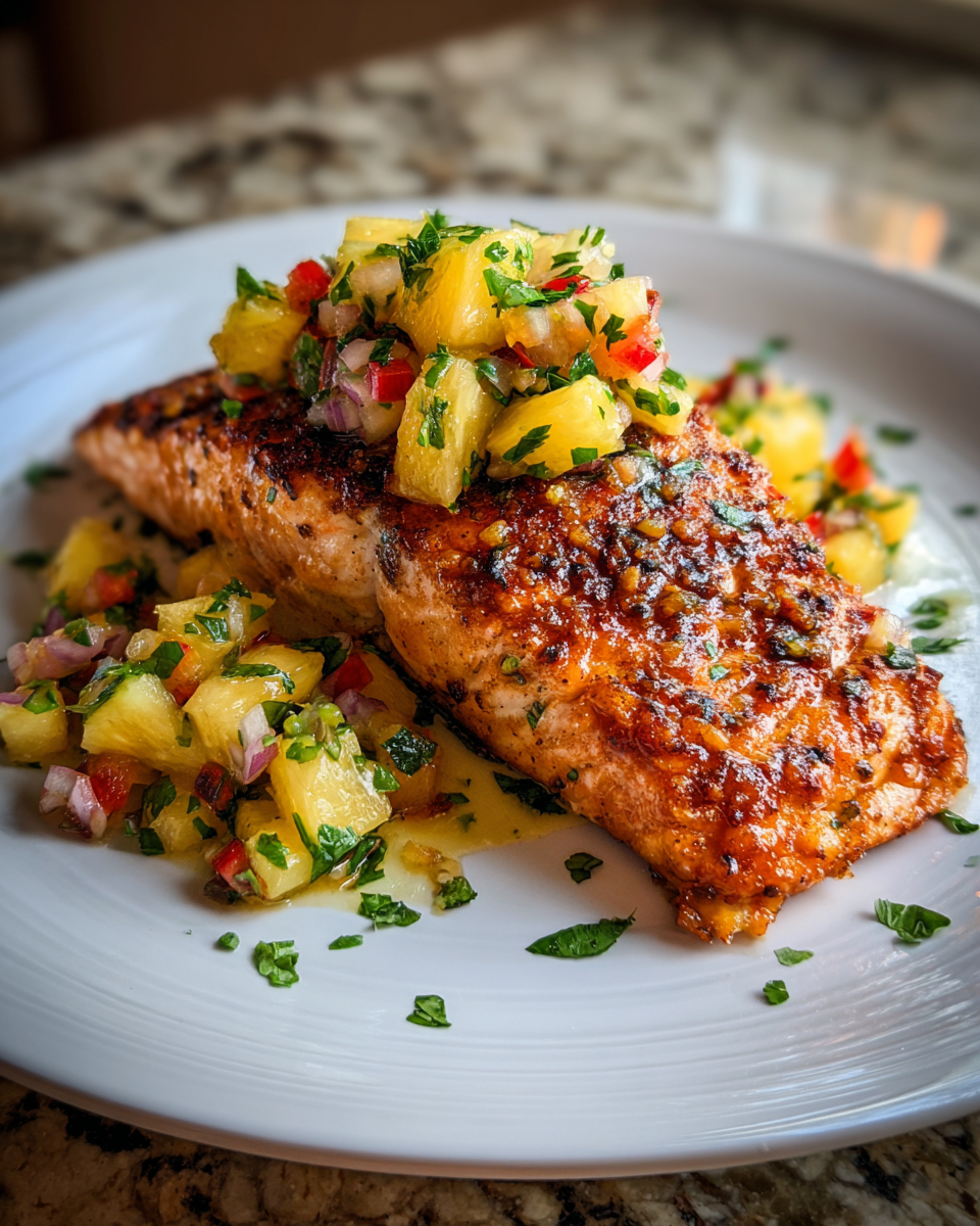 Final dish - Tropical Delight Coconut Crusted Salmon with Pineapple Salsa