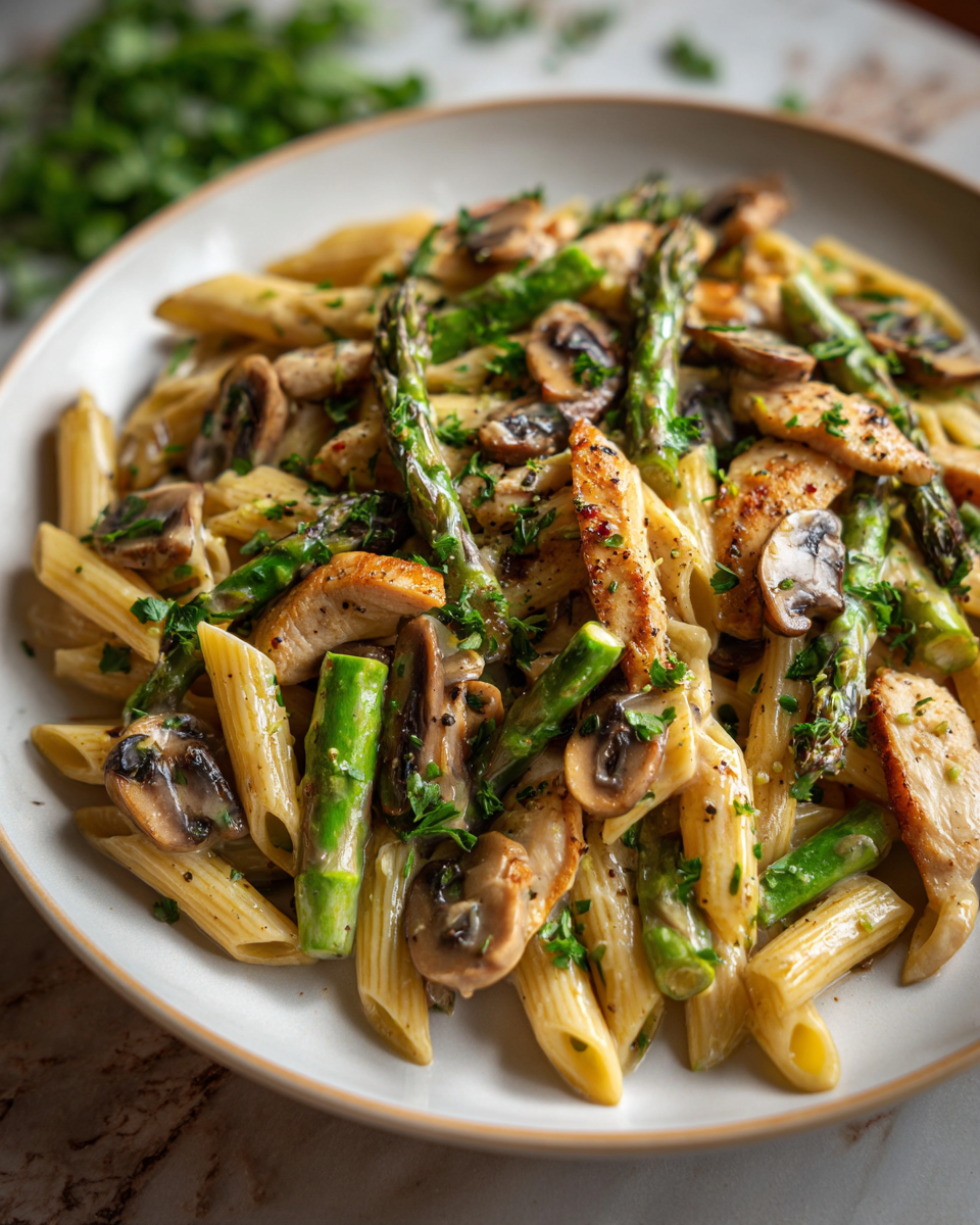 Final dish - Creamy Mushroom Asparagus Chicken Penne That Will Wow Your Taste Buds