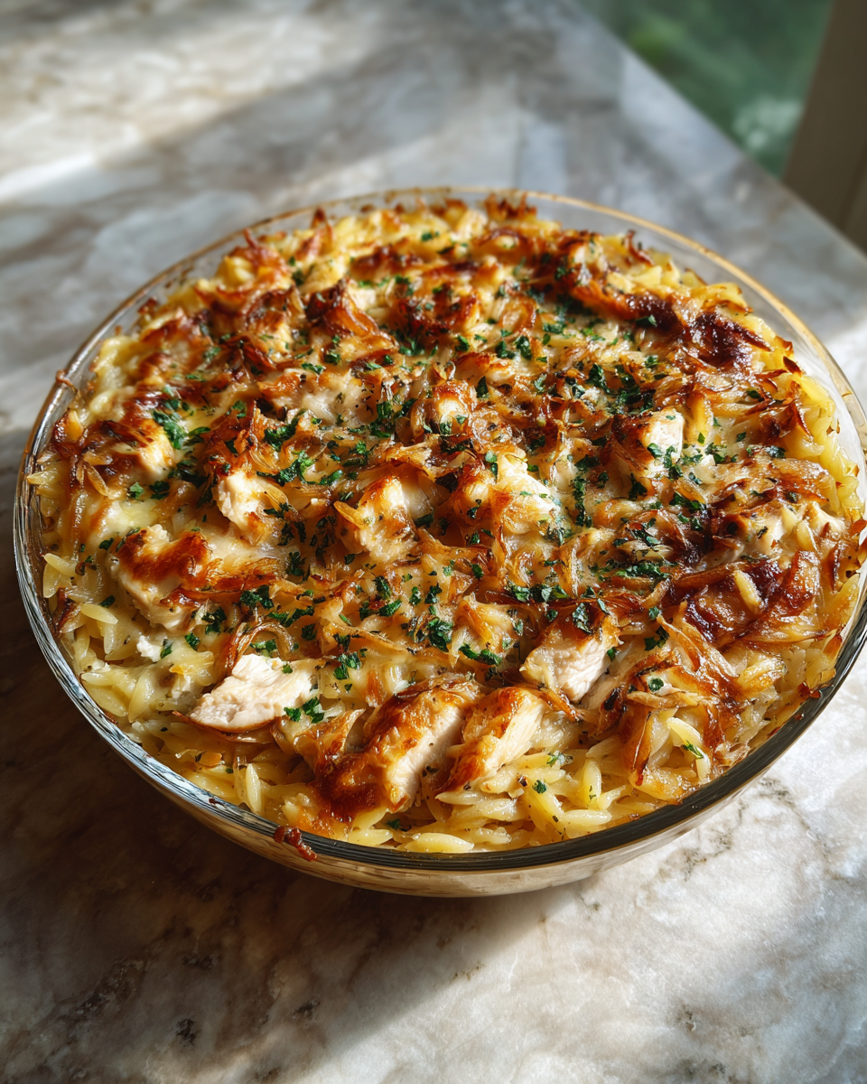 Final dish - Savory French Onion Chicken Orzo Casserole Recipe You’ll Love