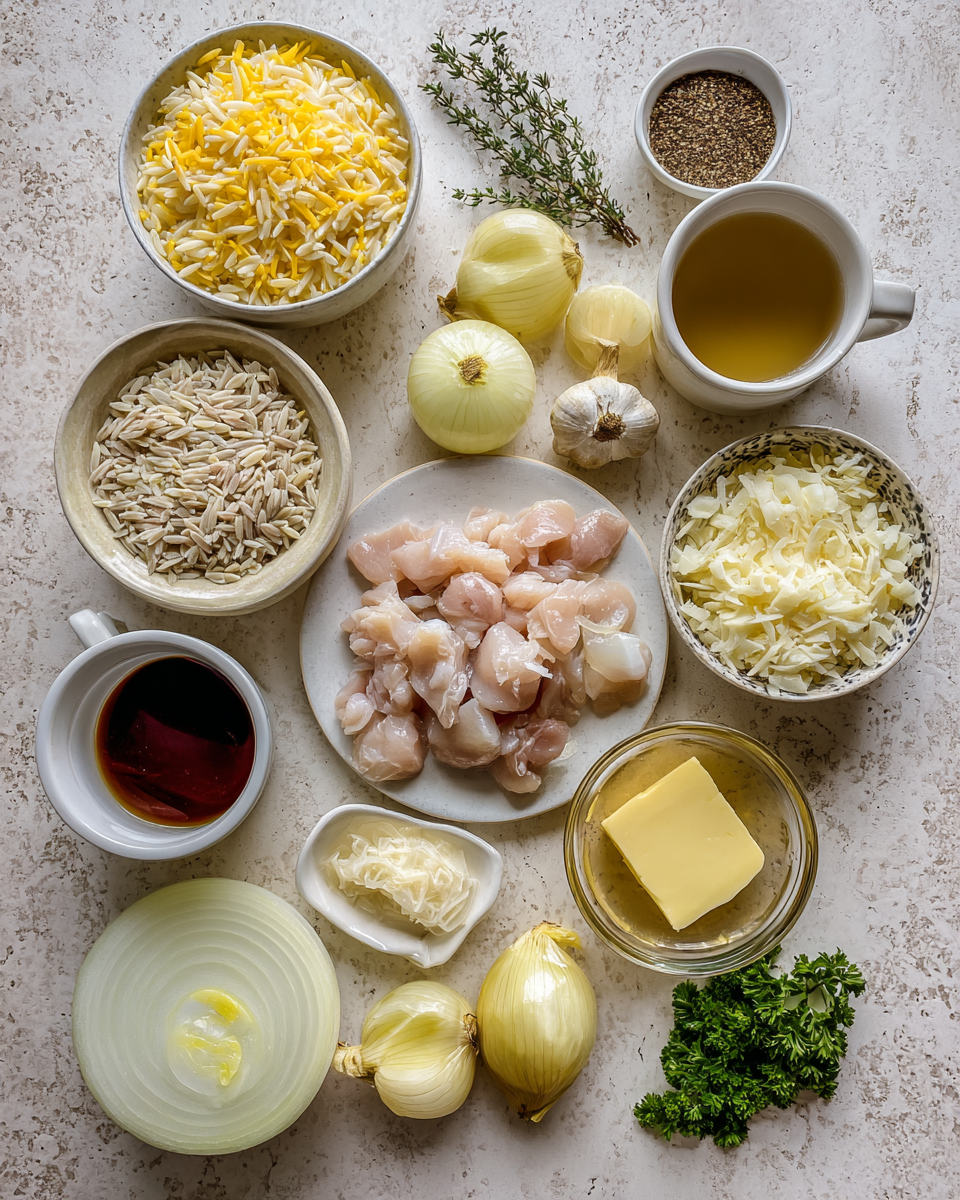 Ingredients for Savory French Onion Chicken Orzo Casserole Recipe You’ll Love