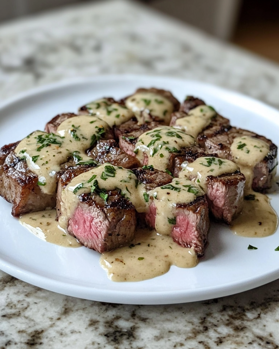 Final dish - Savor Every Bite Juicy Steak with Creamy Garlic Sauce Recipe