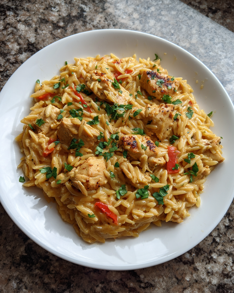 Final dish - One Pot Cajun Chicken Alfredo Orzo Recipe for Creamy Spicy Comfort