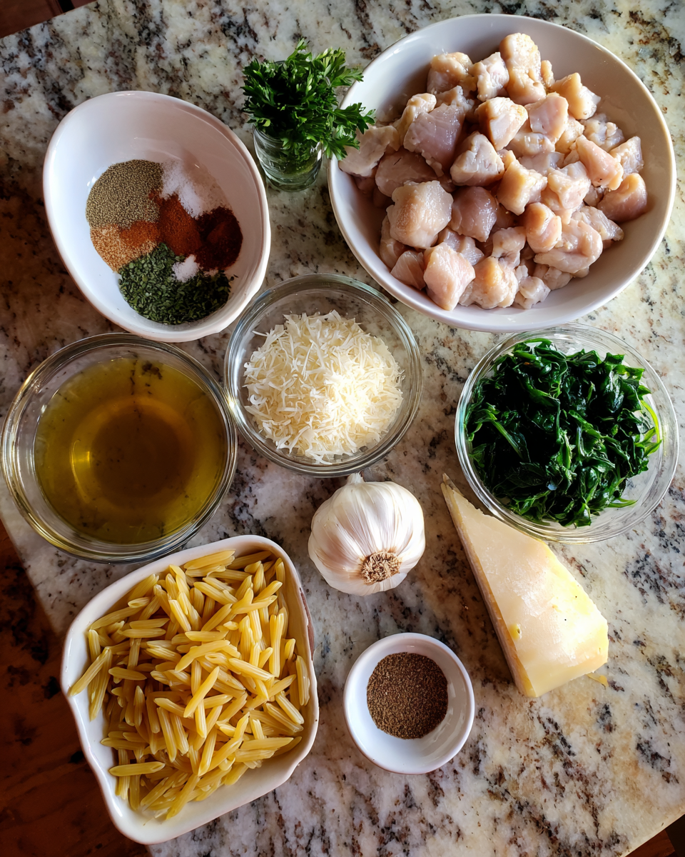 Ingredients for One Pot Cajun Chicken Alfredo Orzo Recipe for Creamy Spicy Comfort