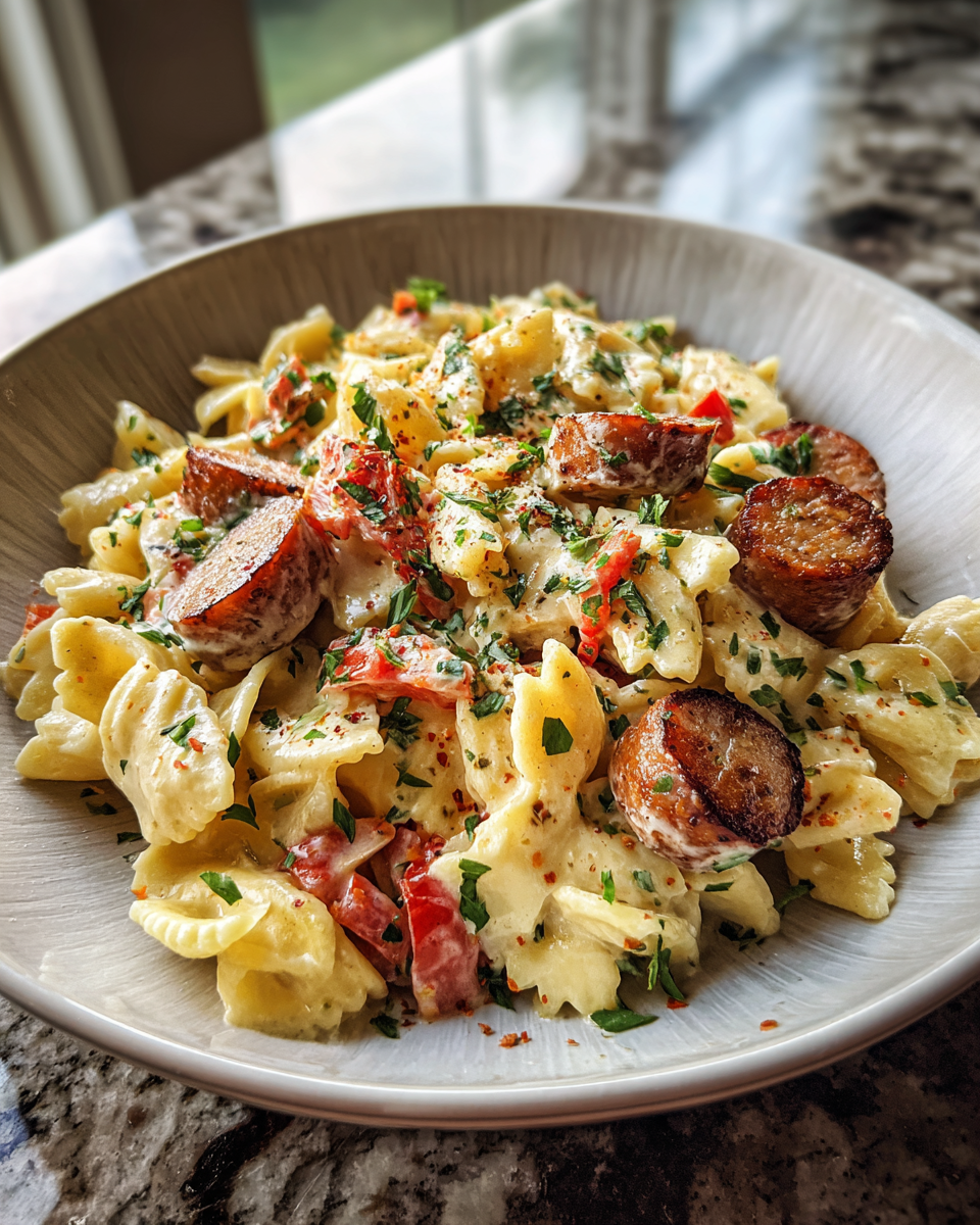 Final dish - One Pot Creamy Cajun Sausage Pasta Recipe for Ultimate Comfort Food