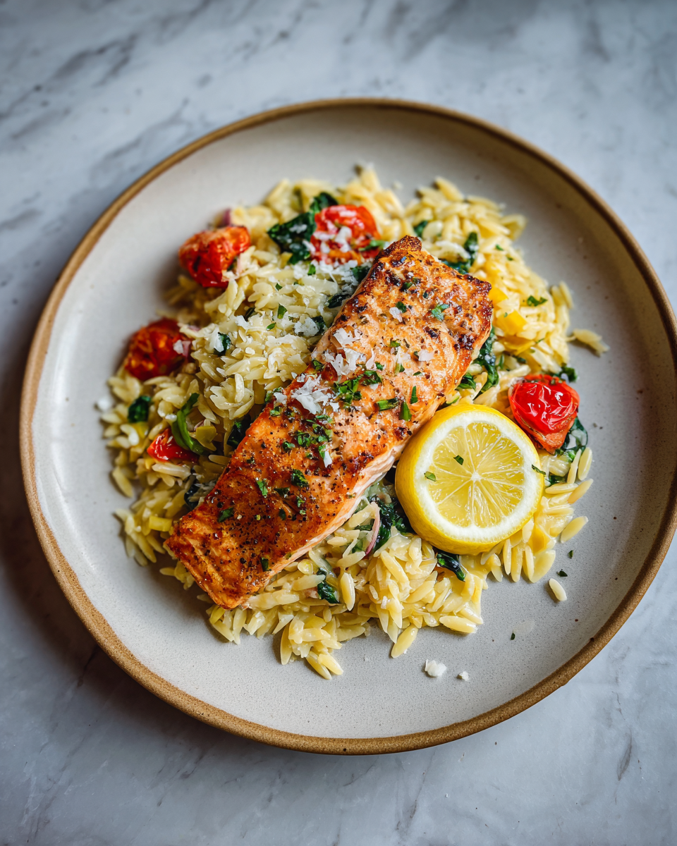 Final dish - One Skillet Salmon with Lemon Orzo for a Quick and Flavorful Dinner