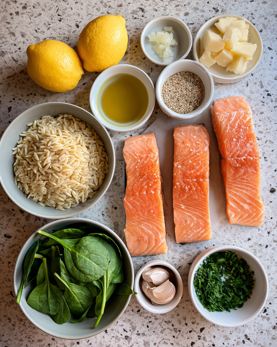 Ingredients for One Skillet Salmon with Lemon Orzo for a Quick and Flavorful Dinner