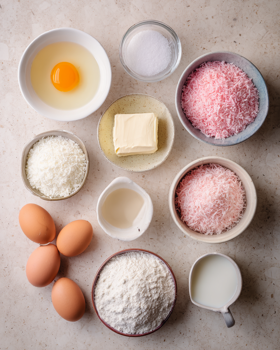 Ingredients for Irresistible Pink Coconut Snowball Cake Bars You Have to Try