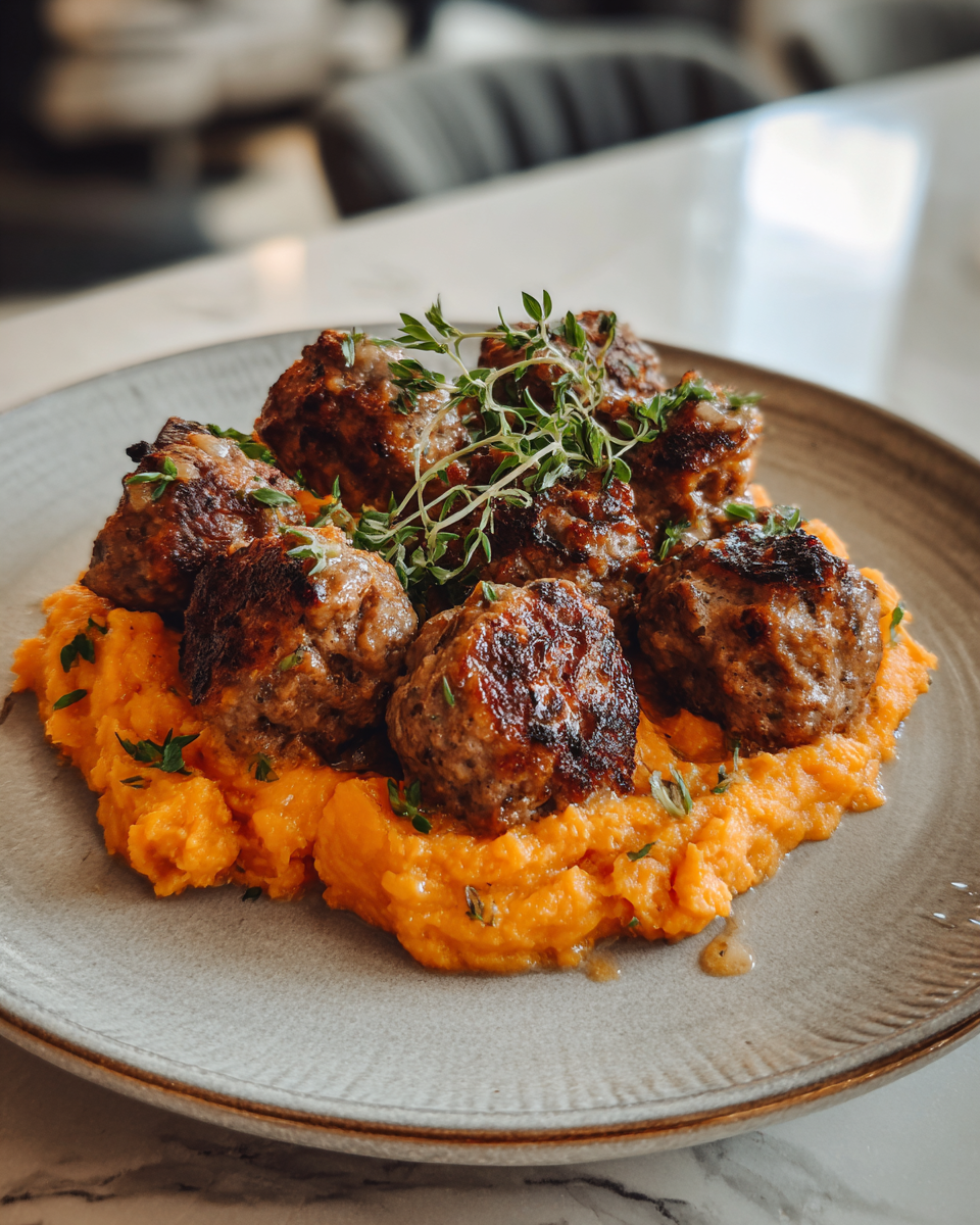 Final dish - Irresistible Pork Meatballs with Creamy Sweet Potato Mash Recipe