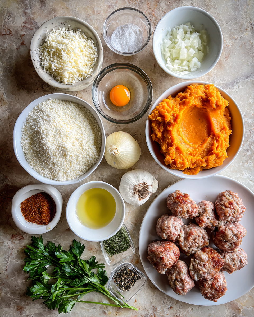 Ingredients for Irresistible Pork Meatballs with Creamy Sweet Potato Mash Recipe