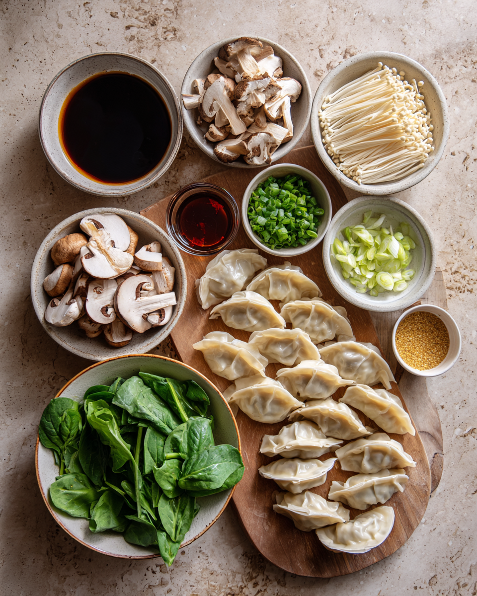 Ingredients for Cozy Up with Delicious Potsticker Soup with Mushrooms