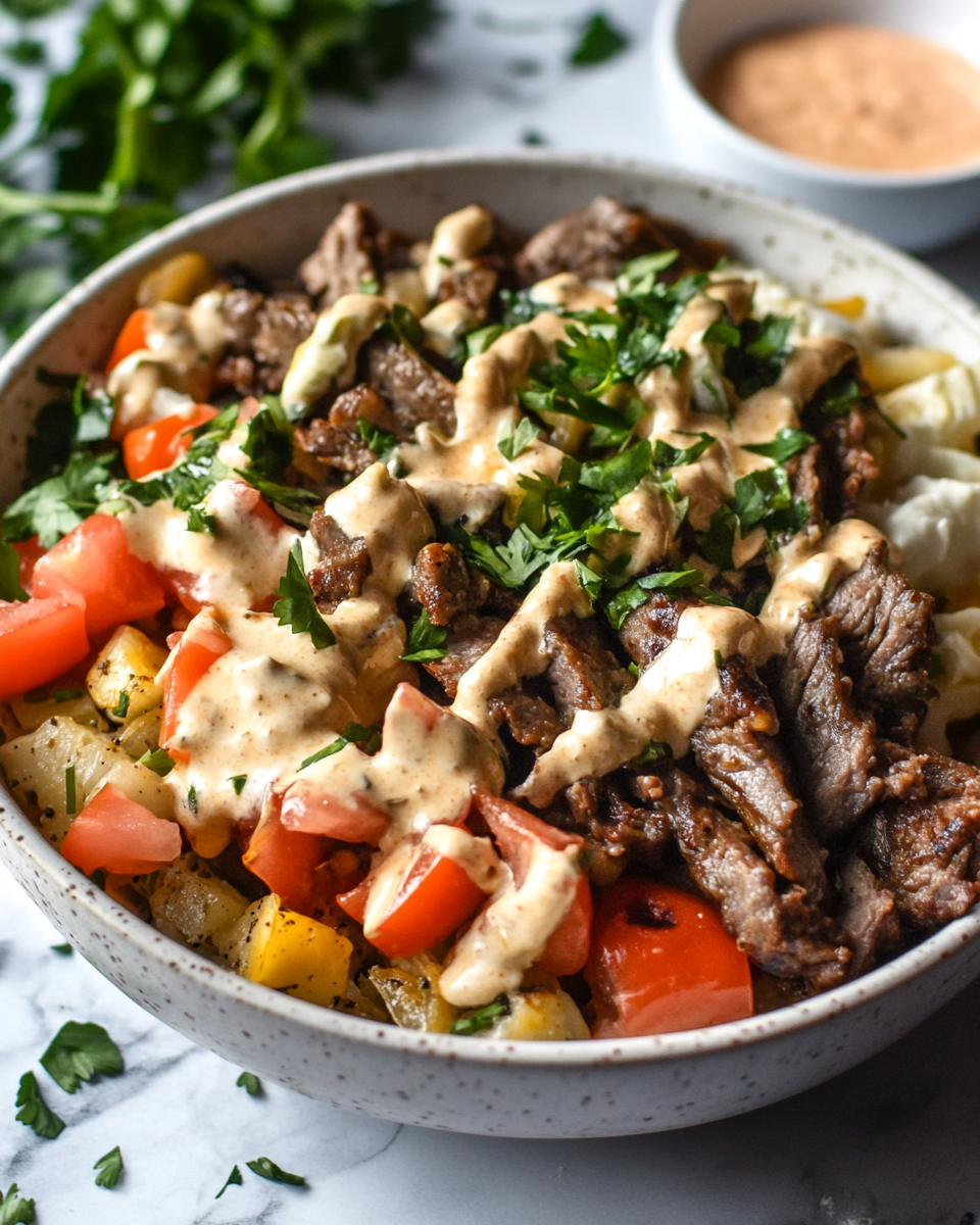 Final dish - Delicious Printable Philly Cheesesteak Bowl Recipe You Need to Try