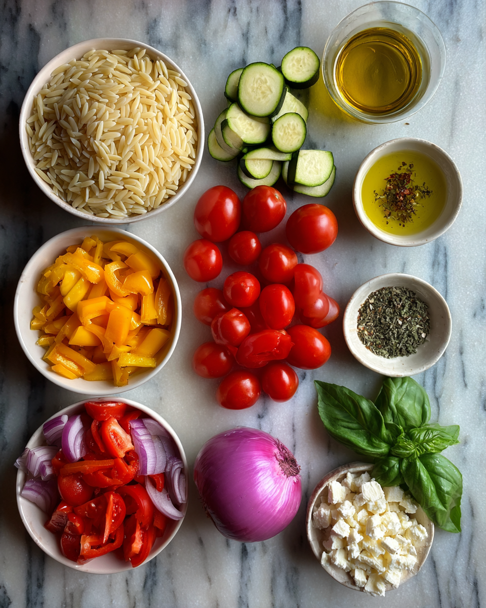 Ingredients for Deliciously Easy Roasted Vegetable Orzo for a Perfect Weeknight Meal