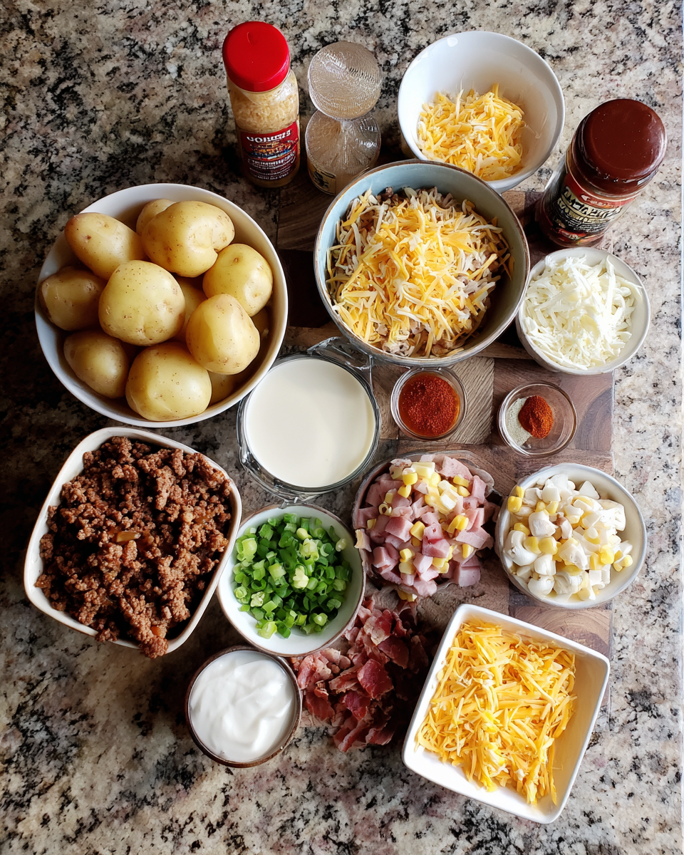 Ingredients for Hearty Slow Cooker Cowboy Potato Casserole Recipe for Easy Comfort Food