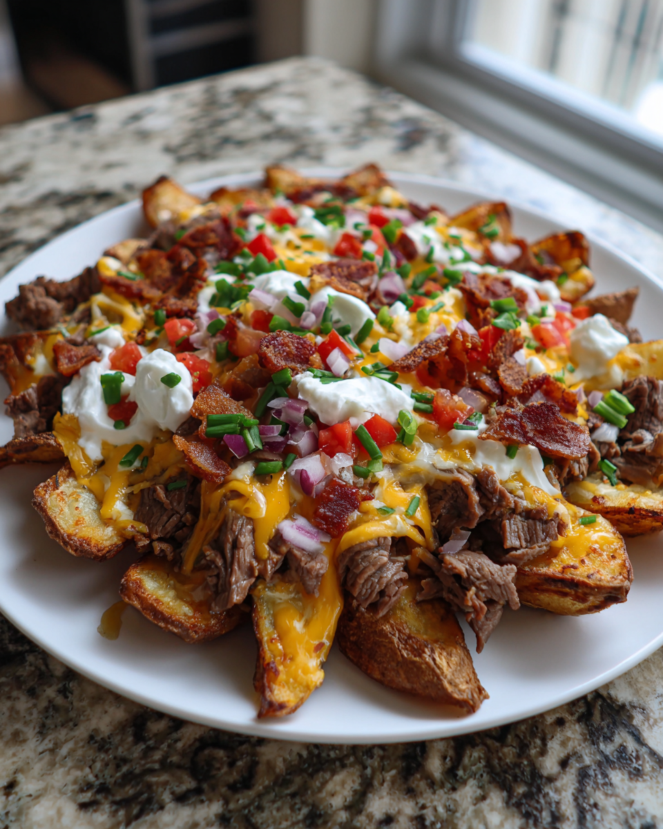 Final dish - Cheesesteak Loaded Potato Wedges The Ultimate Comfort Food Mashup
