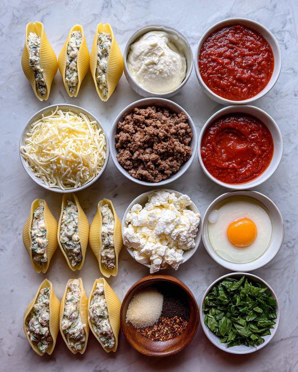 Ingredients for Irresistible Cheesy Beef-Stuffed Shells with Creamy Ricotta Delight