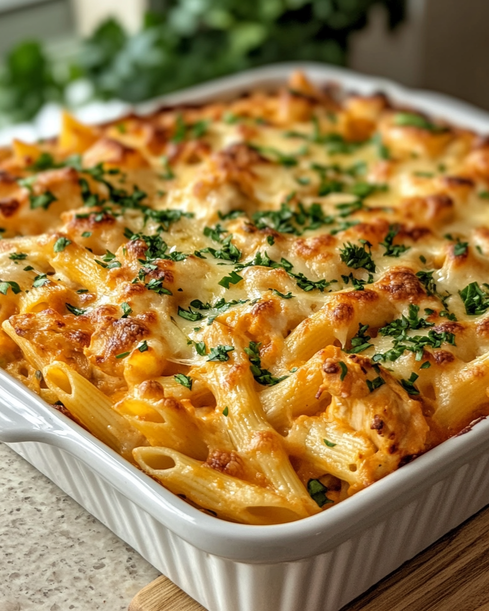Final dish - Irresistible Cheesy Buffalo Chicken Pasta Bake Recipe You Need to Try