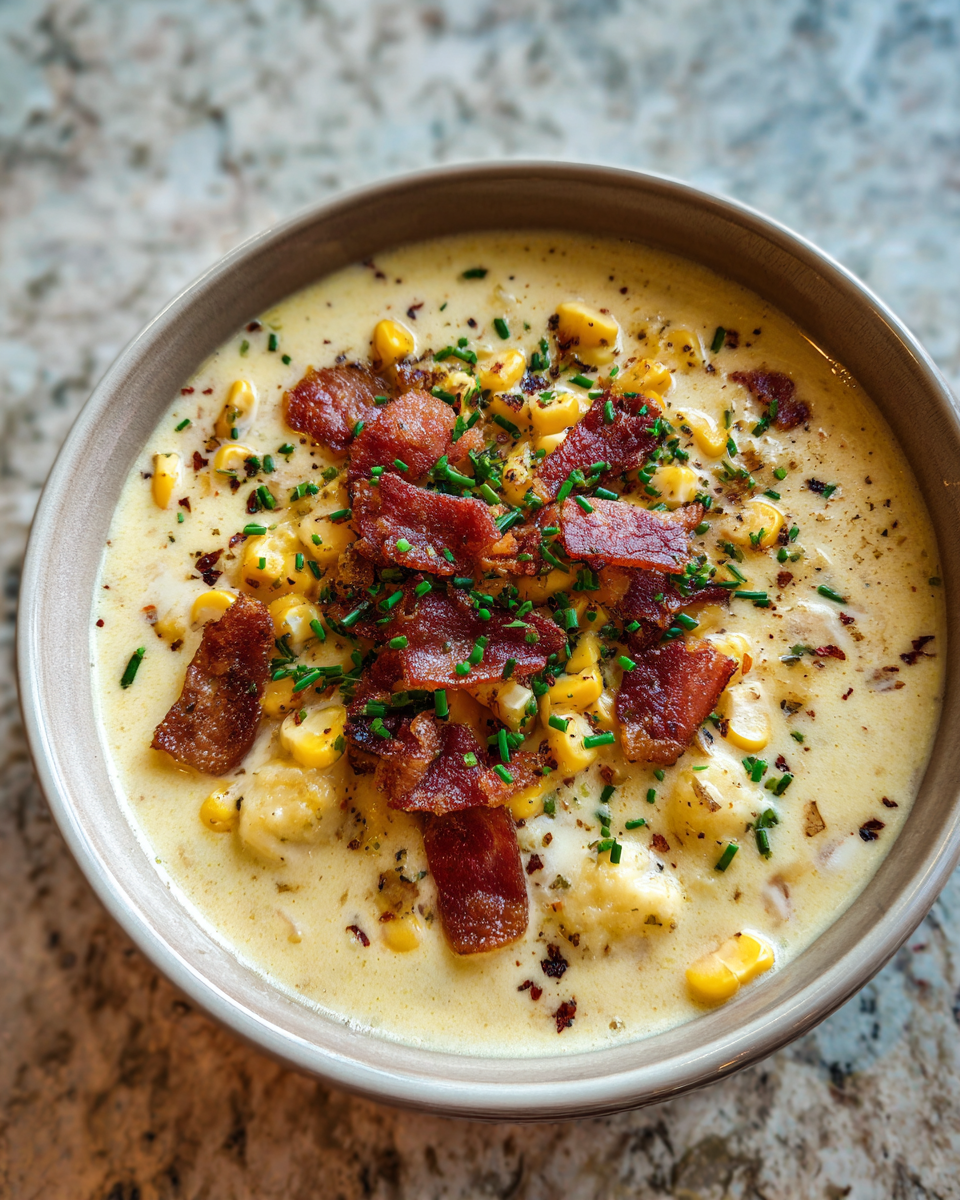 Final dish - Indulge in the Ultimate Creamy Bacon Corn Chowder Comfort Bowl