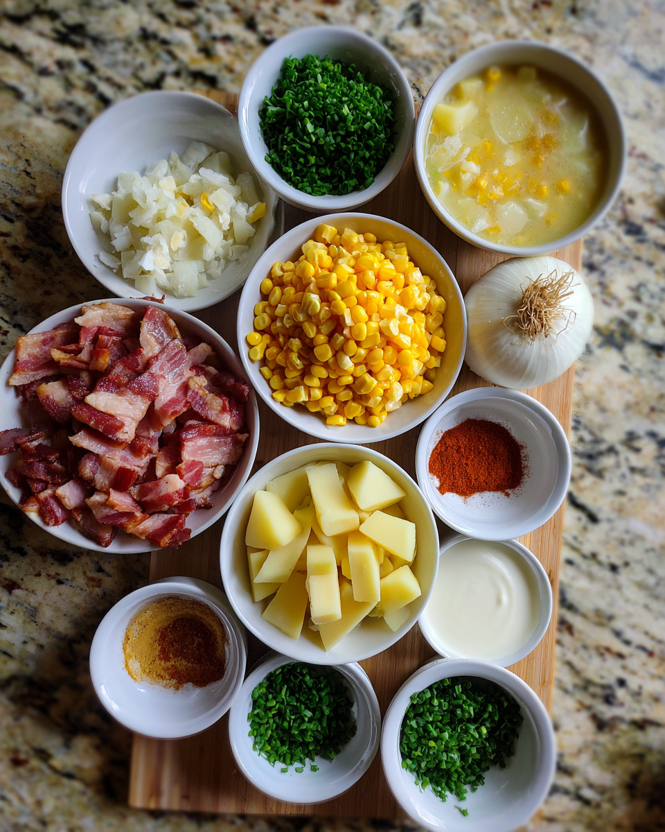 Ingredients for Indulge in the Ultimate Creamy Bacon Corn Chowder Comfort Bowl