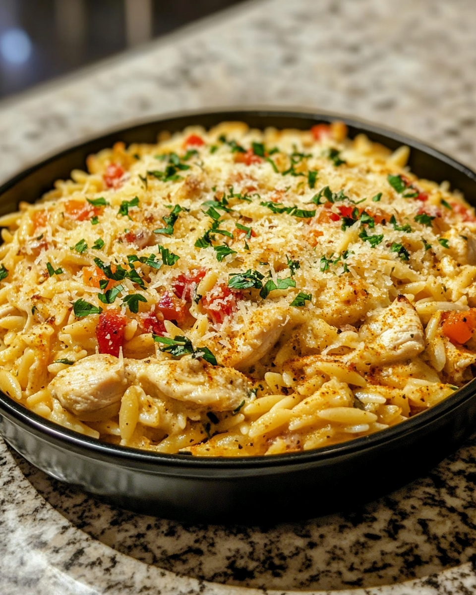 Final dish - Ultimate Creamy Cajun Chicken Orzo Bake Recipe for Cozy Comfort Meals