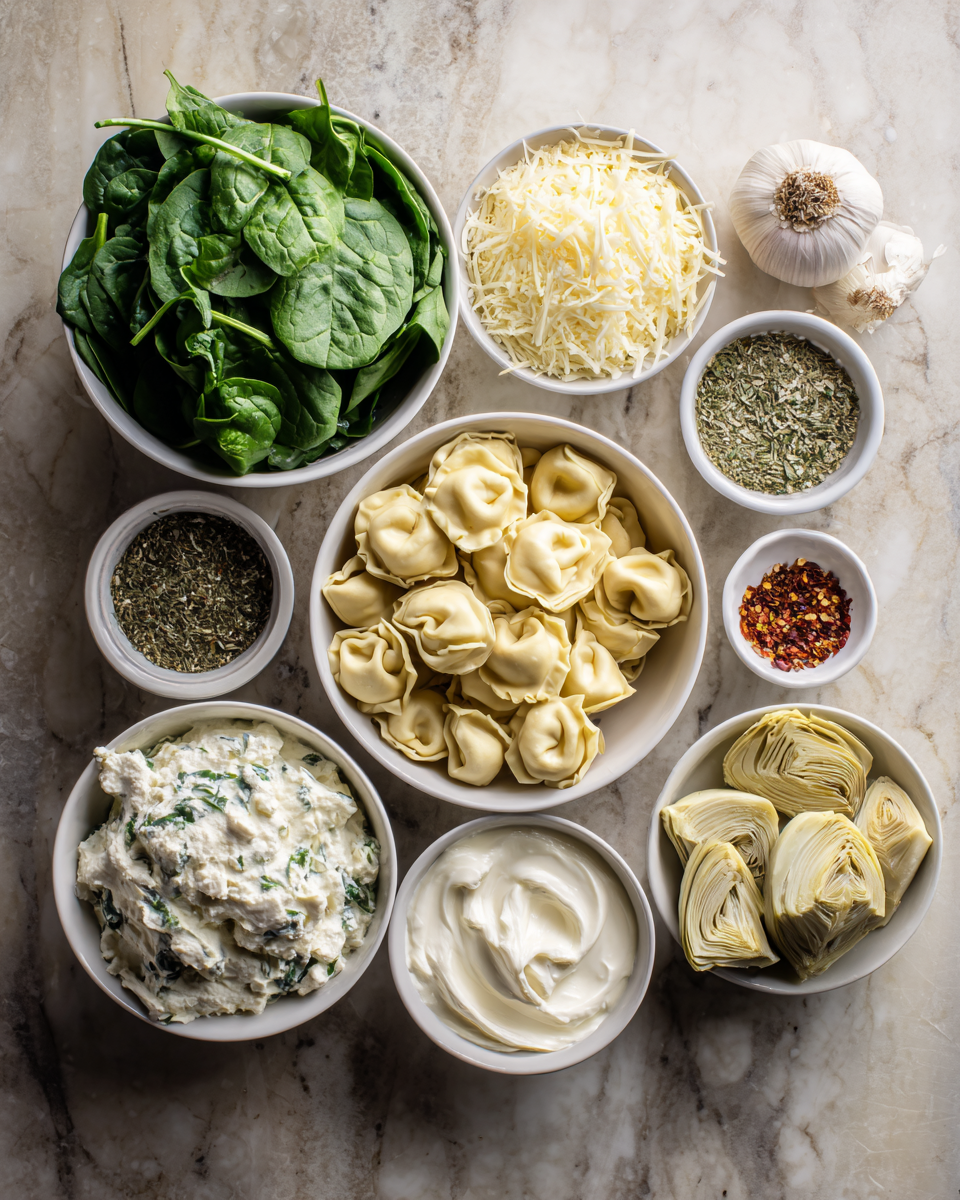 Ingredients for Ultimate Creamy Spinach Artichoke Tortellini Bake Recipe You Need to Try