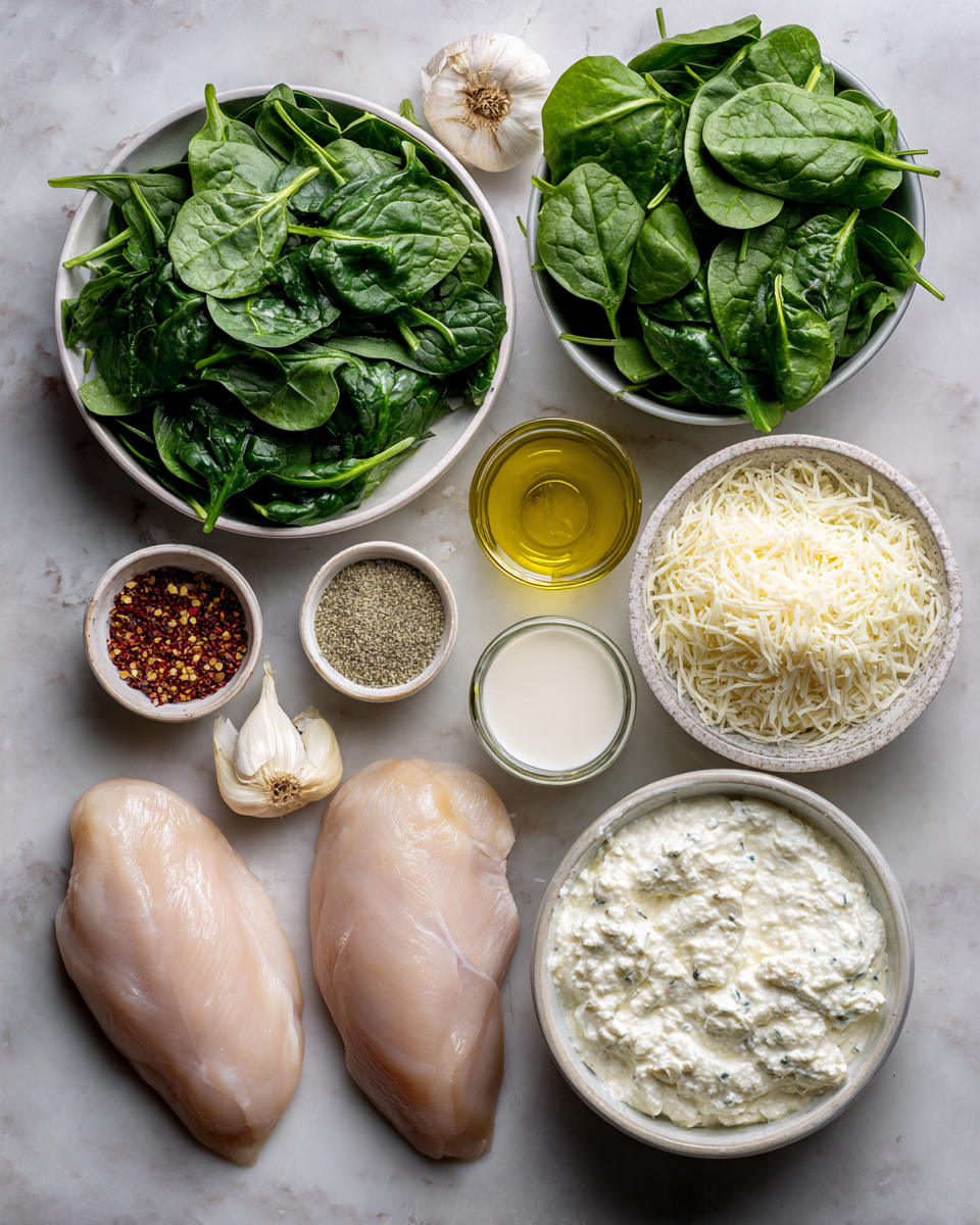 Ingredients for Irresistible Creamy Spinach and Ricotta Chicken Bake Recipe