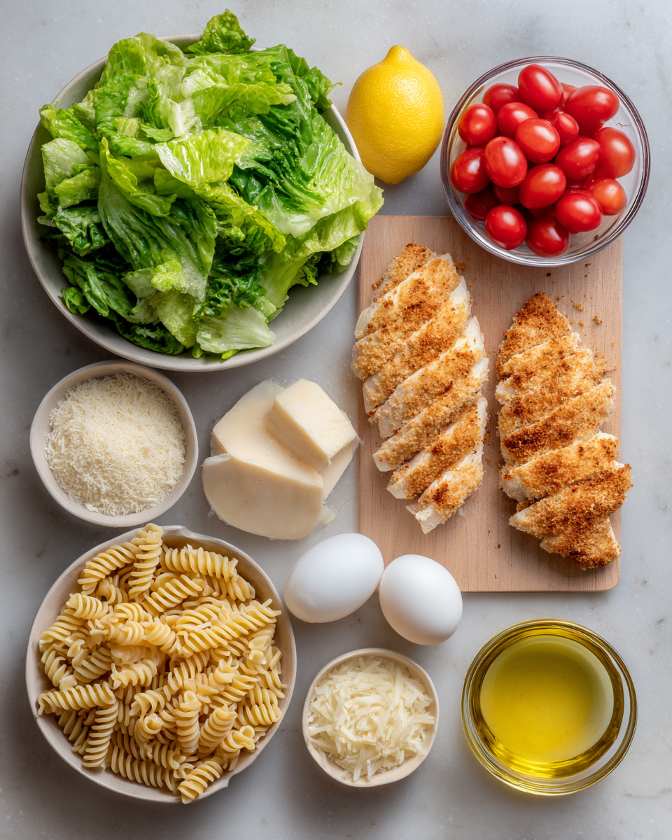 Ingredients for Ultimate Crispy Chicken Caesar Pasta Salad Recipe for a Flavor-Packed Meal