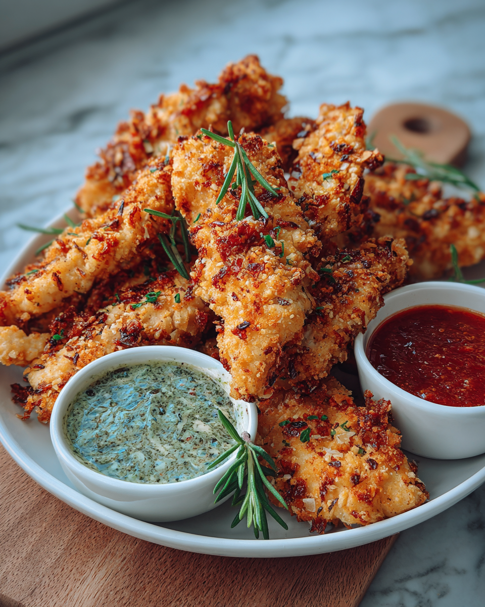 Final dish - Crispy Garlic Chicken Tenders with Dip Trio That Will Wow Your Taste Buds