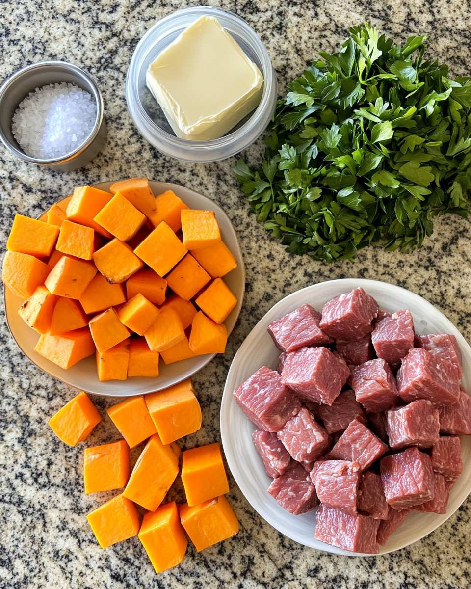 Ingredients for Garlic Butter Steak Bites with Sweet Potatoes The Ultimate Flavor-Packed Dinner