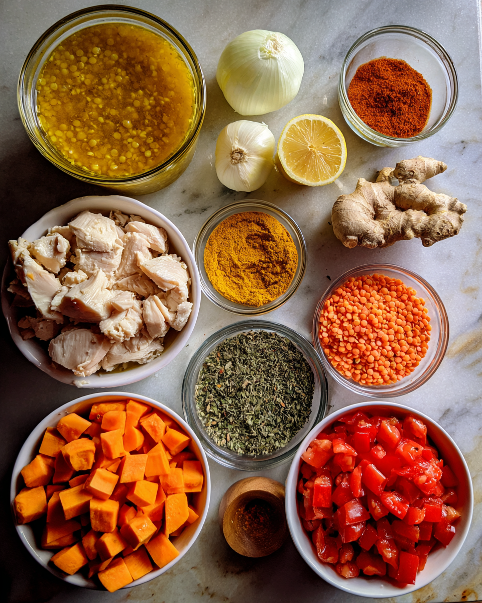 Ingredients for Golden Turmeric Lentil Stew with Chicken A Soulwarming Bowl of Flavor