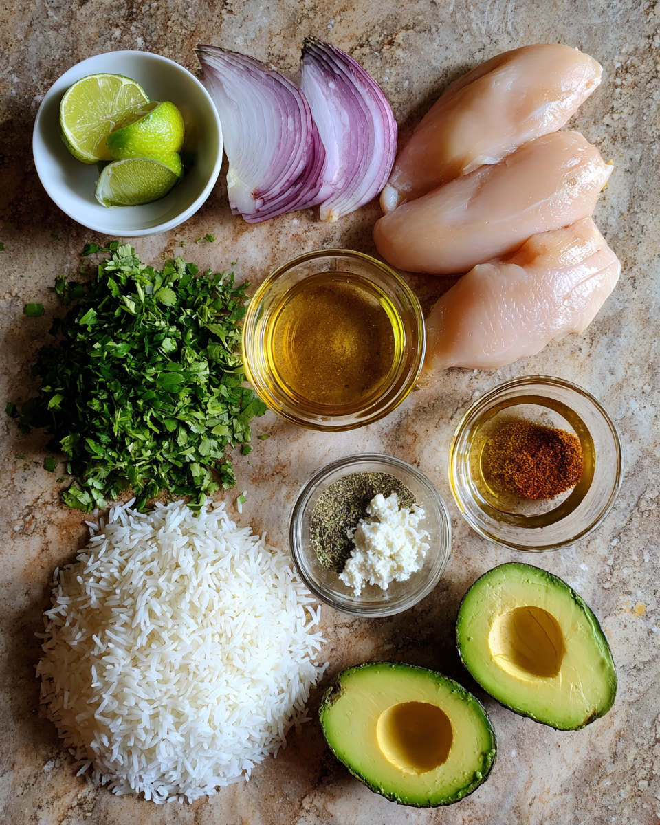 Ingredients for Sweet and Zesty Honey Lime Chicken and Avocado Rice Stack Recipe