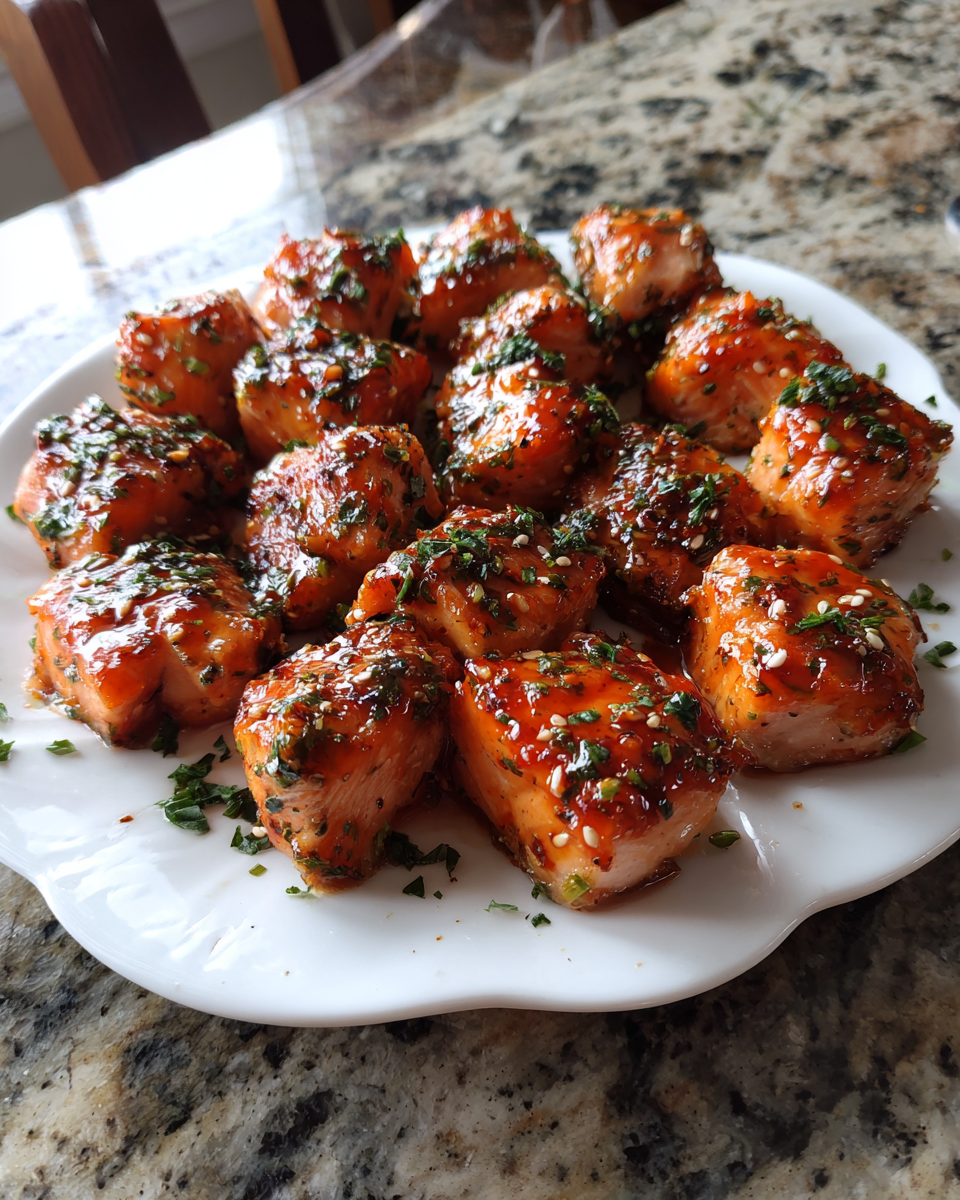 Final dish - Irresistible Honey Sriracha Glazed Salmon Bites You Need to Try