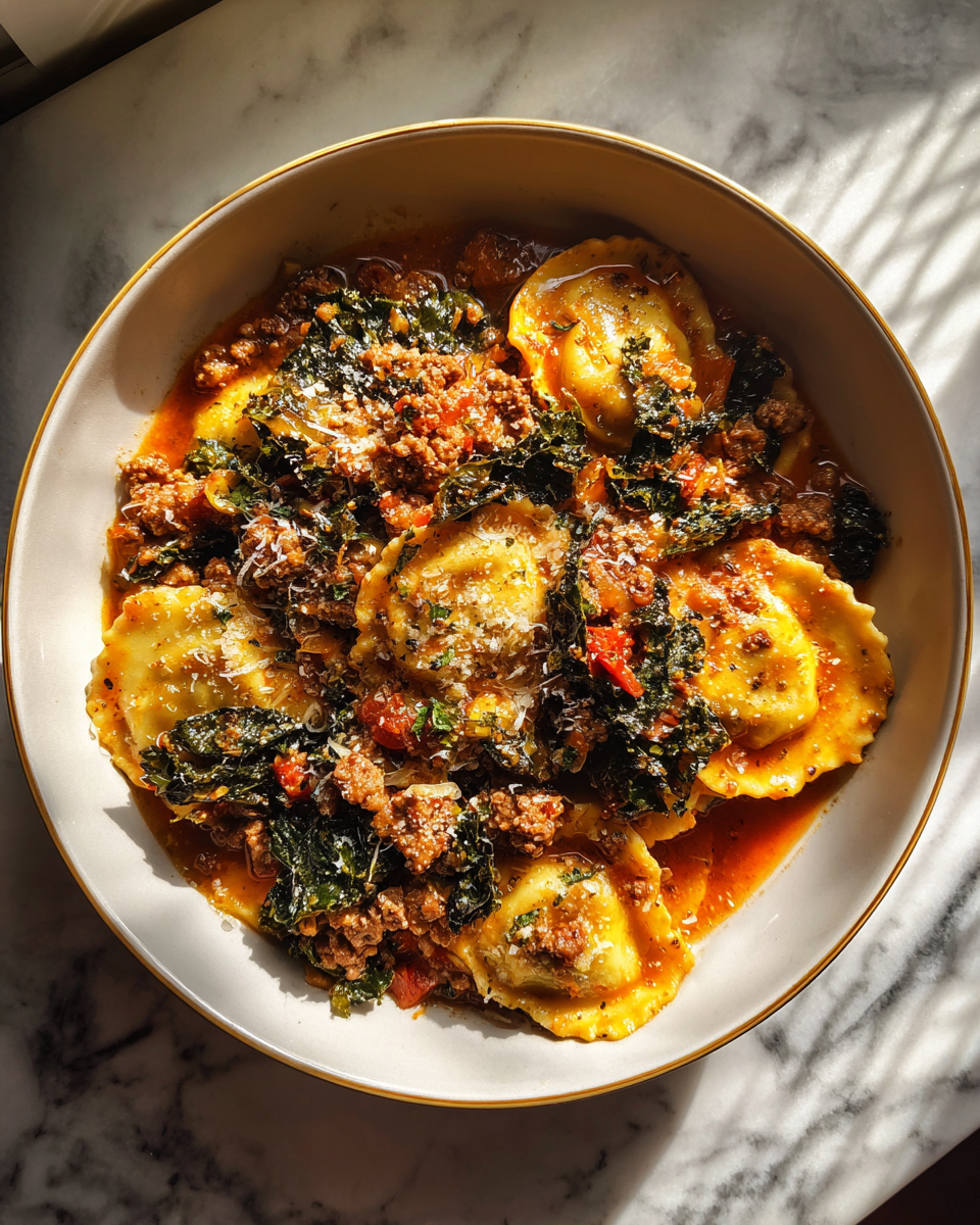Final dish - Hearty Italian Sausage and Kale Ravioli Soup to Warm Your Soul
