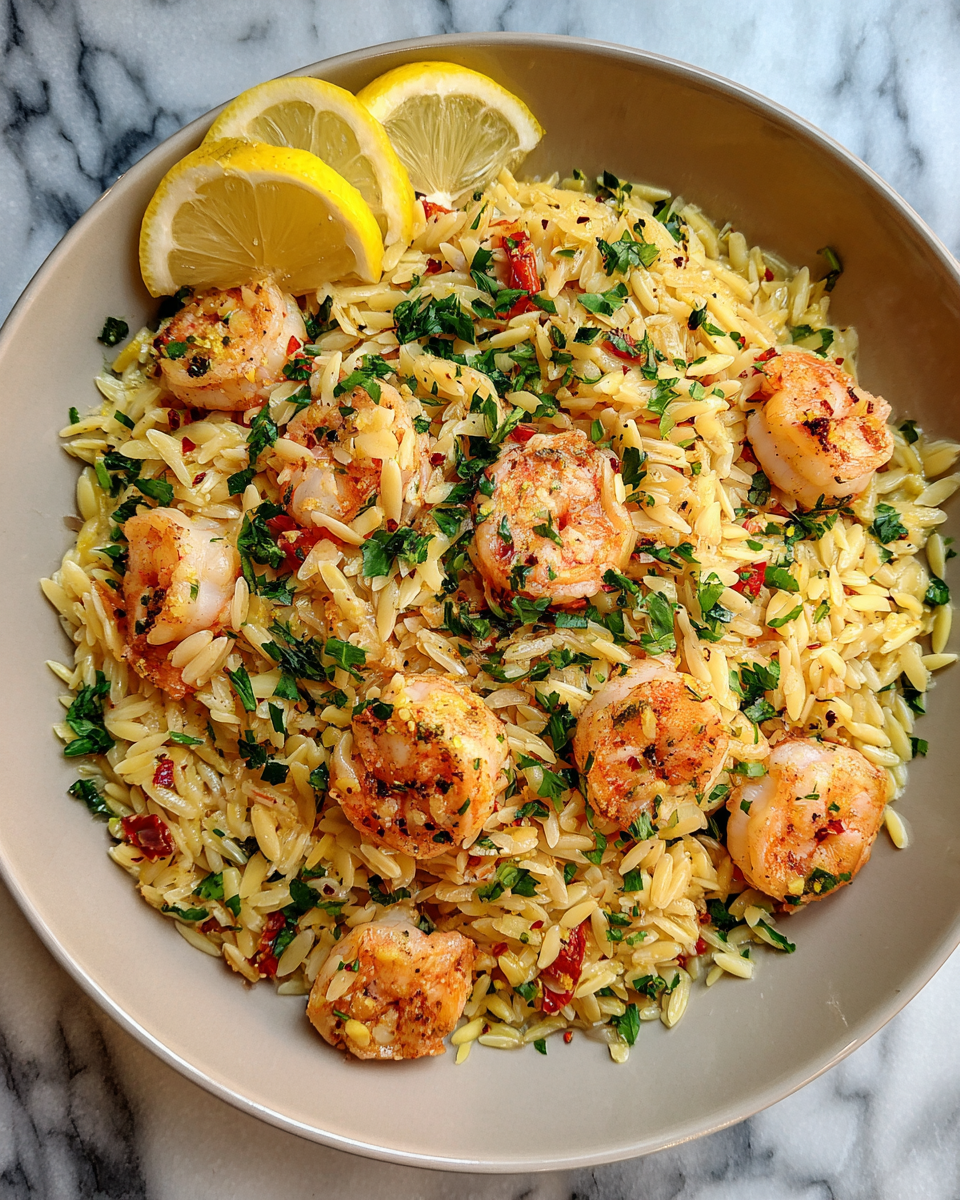 Final dish - Zesty Lemon Garlic Shrimp Orzo Skillet Recipe for Easy Weeknight Dinners