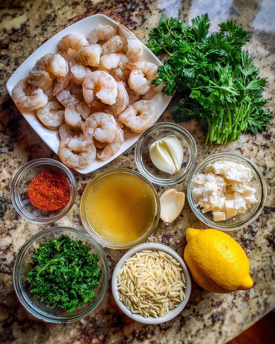 Ingredients for Zesty Lemon Garlic Shrimp Orzo Skillet Recipe for Easy Weeknight Dinners