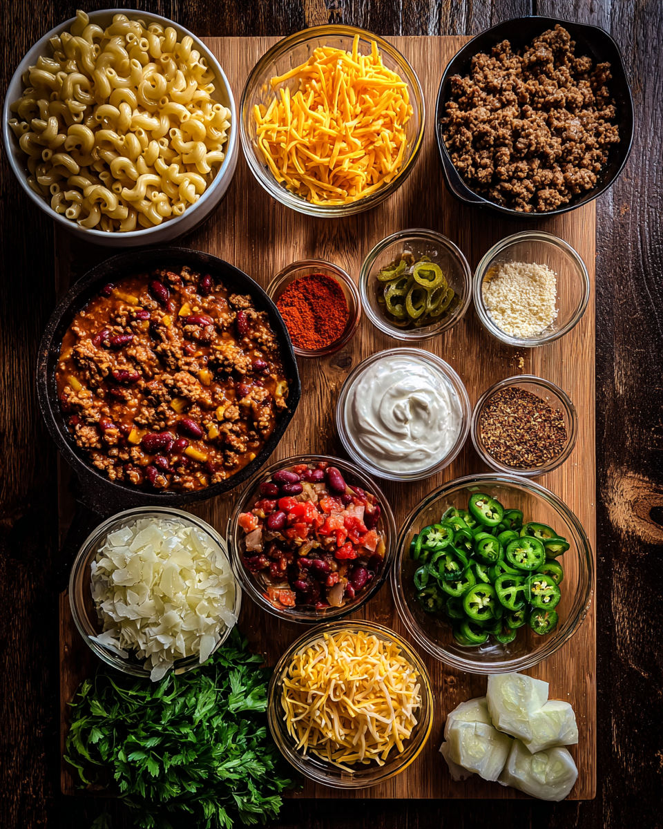 Ingredients for Ultimate Loaded Chili Mac and Cheese Skillet Recipe for Comfort Food Lovers