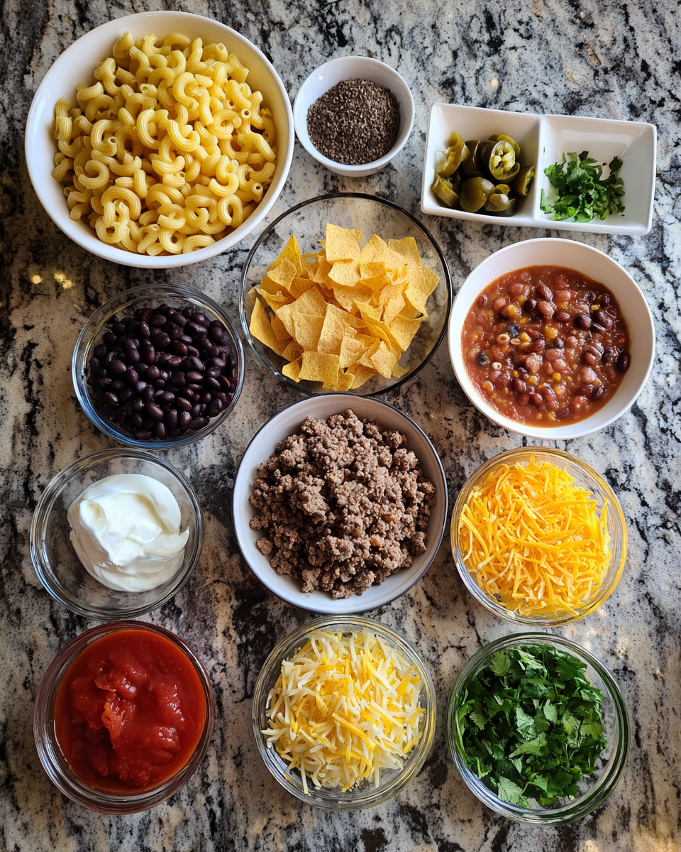Ingredients for Ultimate Loaded Nacho Macaroni Skillet Recipe for Comfort Food Lovers