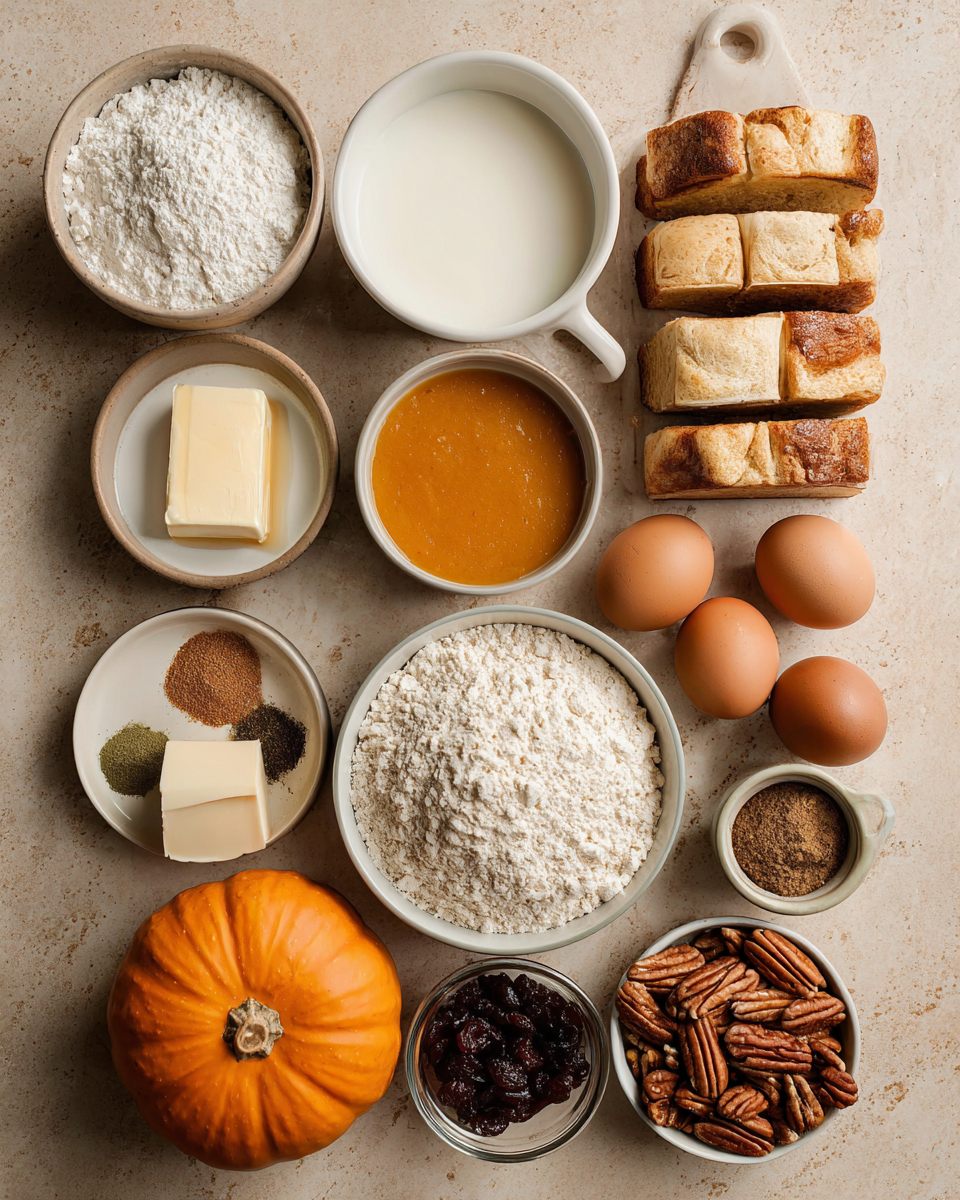 Ingredients for Irresistible Maple Pecan Pumpkin Bread Pudding Recipe for Cozy Fall Days