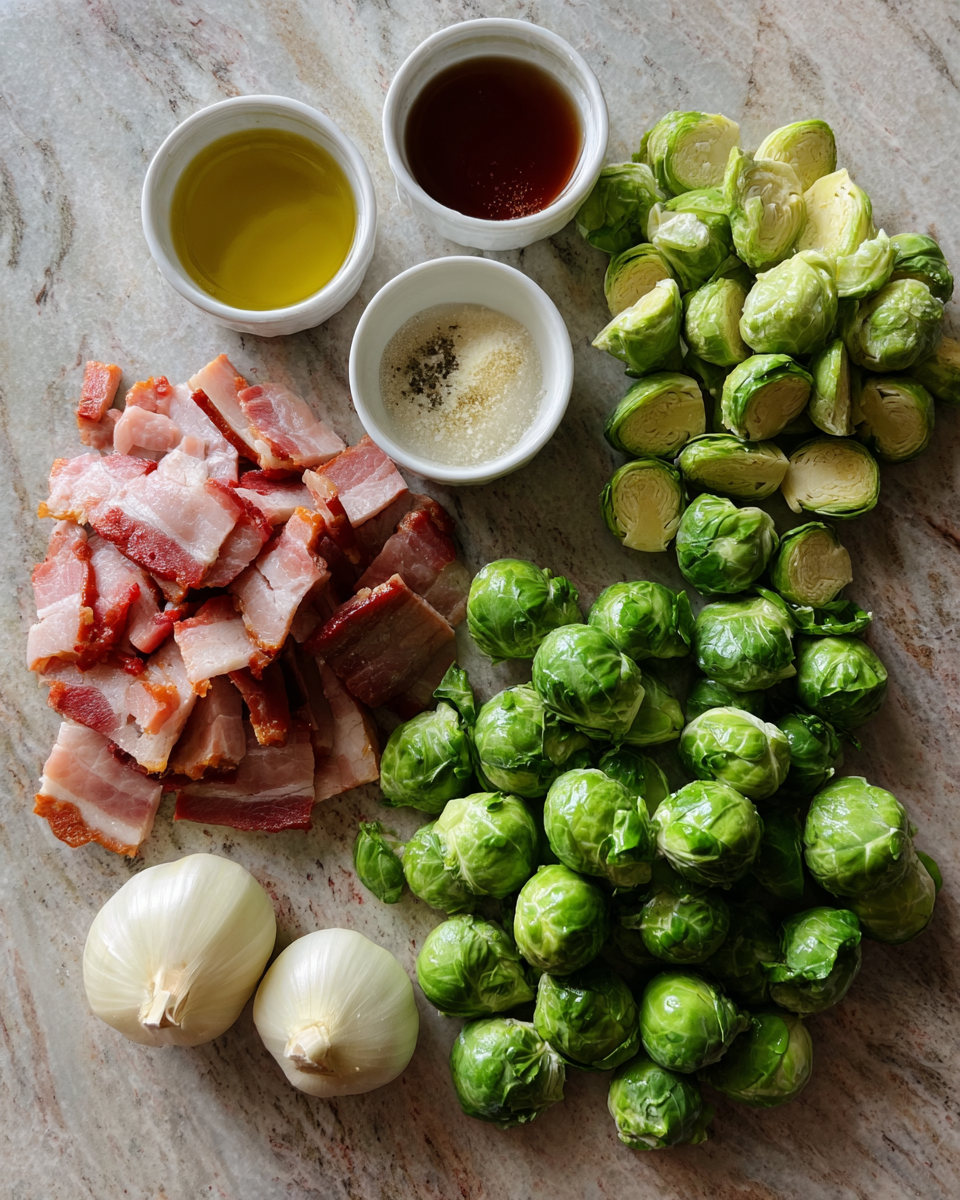 Ingredients for Sweet and Savory Maple Roasted Brussels Sprouts and Bacon Delight