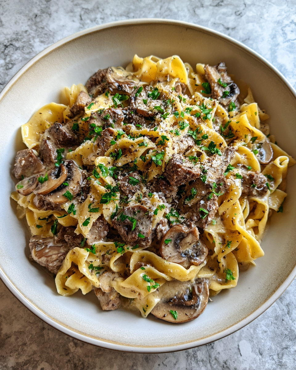 Final dish - One-Pan Creamy Mushroom Beef Stroganoff Recipe for Effortless Comfort Food