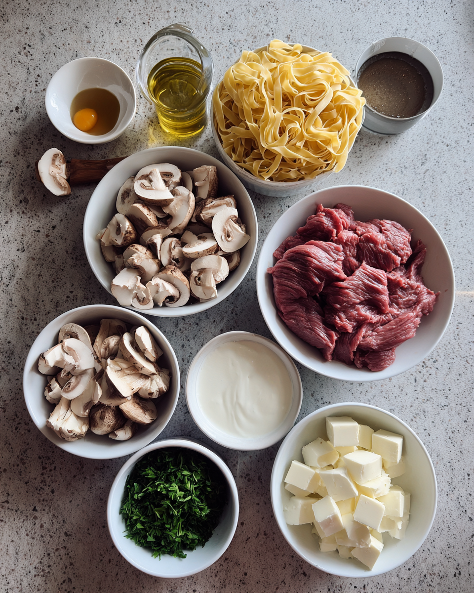Ingredients for One-Pan Creamy Mushroom Beef Stroganoff Recipe for Effortless Comfort Food