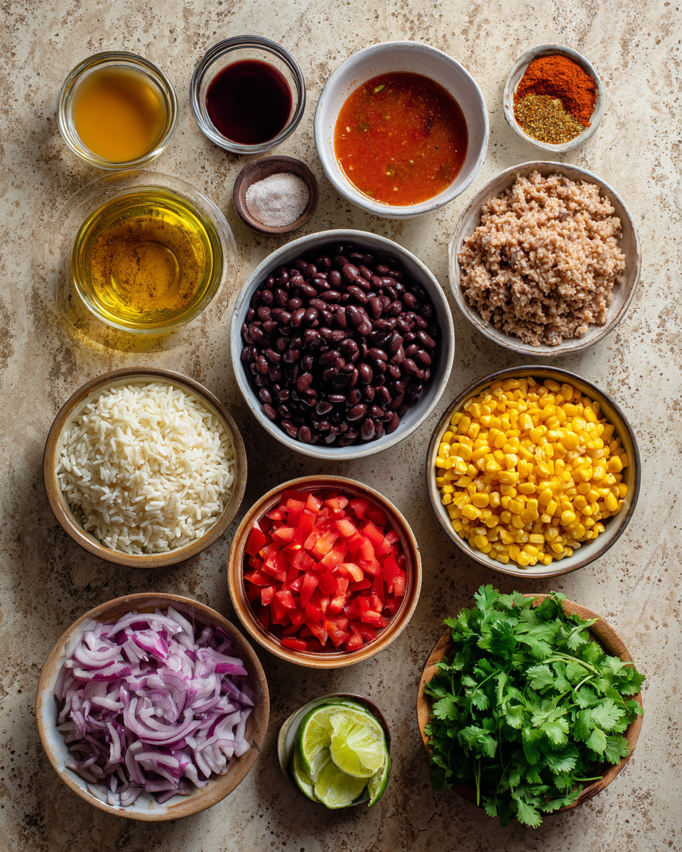 Ingredients for One-Pan Taco Rice with Black Beans A Flavor-Packed Easy Dinner Idea