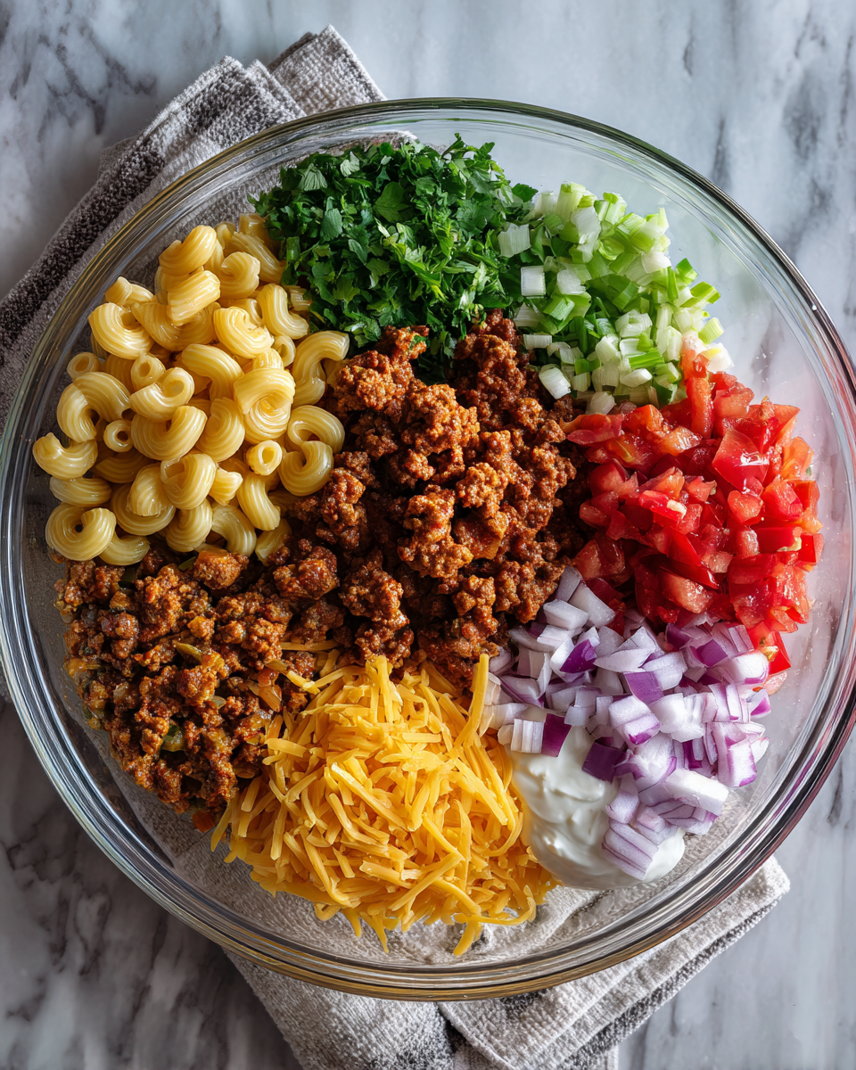Ingredients for One-Pot Creamy Taco Mac Recipe for Easy Flavorful Comfort
