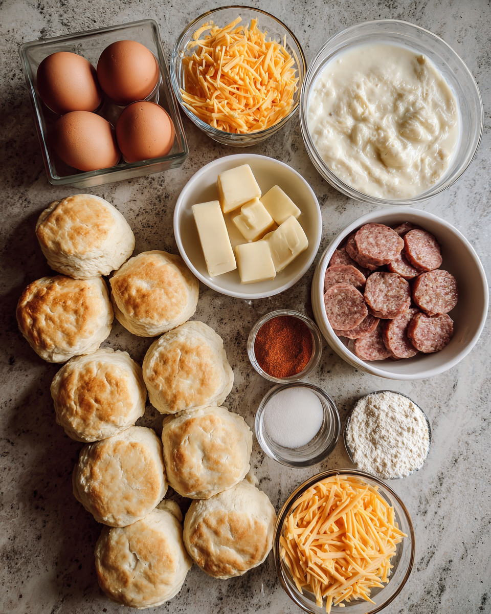 Ingredients for Hearty Sausage and Egg Biscuit Casserole Recipe for a Perfect Breakfast