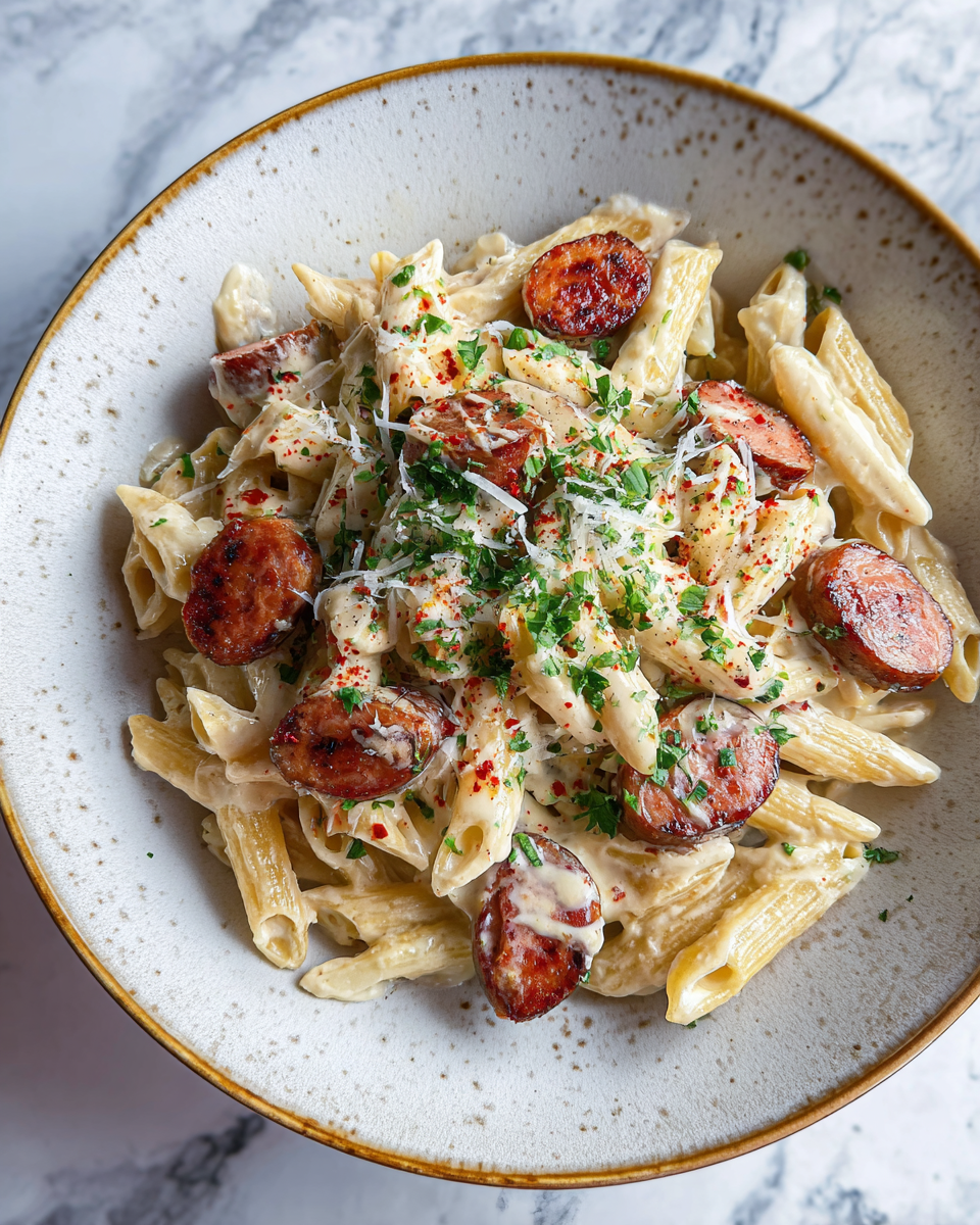 Final dish - Creamy Smoked Sausage Alfredo Penne That Will Wow Your Taste Buds