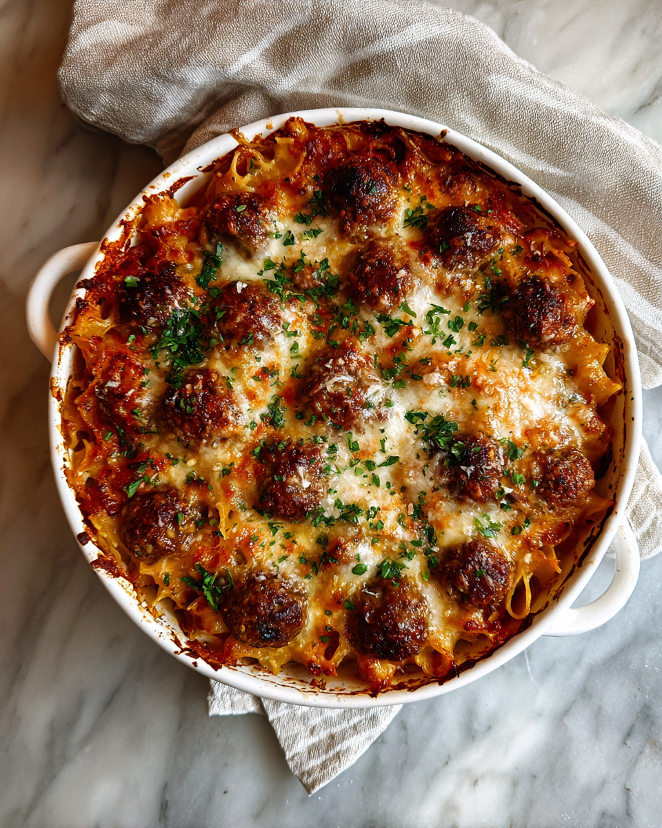 Final dish - Ultimate Comfort Food Smothered Meatball and Pasta Bake Recipe