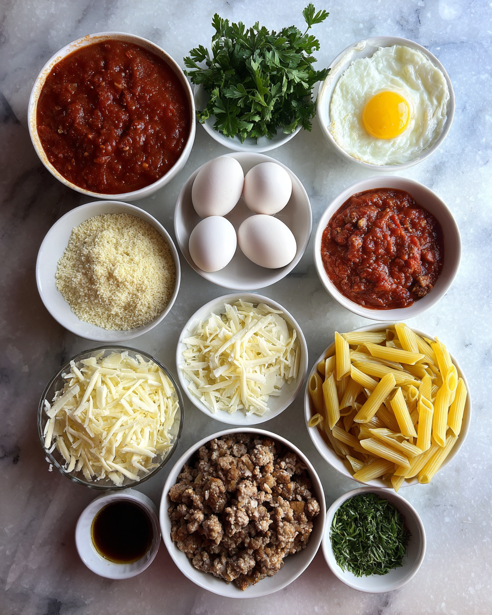 Ingredients for Ultimate Comfort Food Smothered Meatball and Pasta Bake Recipe