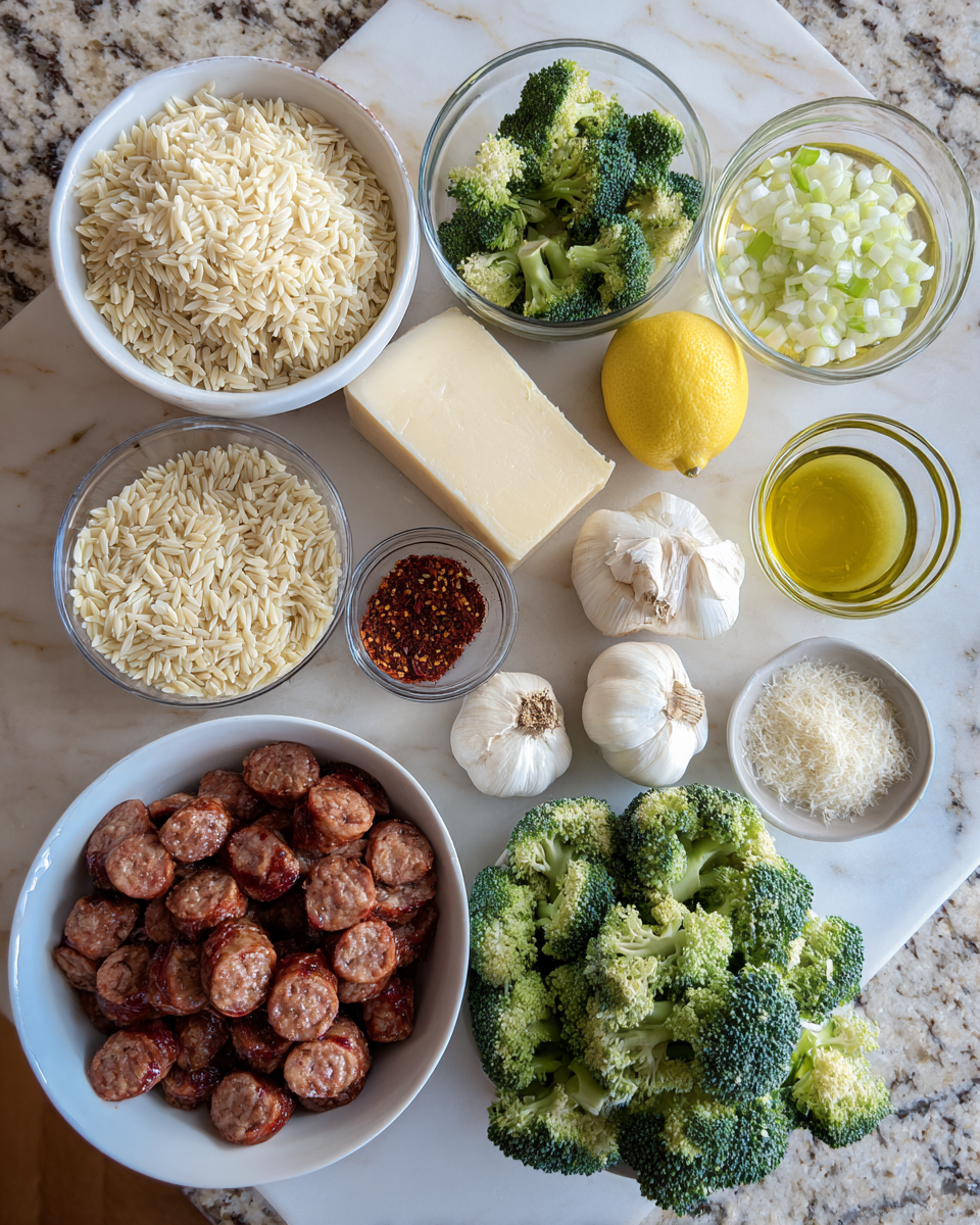 Ingredients for Fiery Flavors Unite in Spicy Sausage and Broccoli Orzo Delight